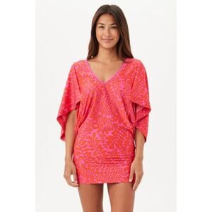 Trina Turk Trellis V Neck Tunic Swim Cover Up Dress Pink Orange Batwing Sleeve M